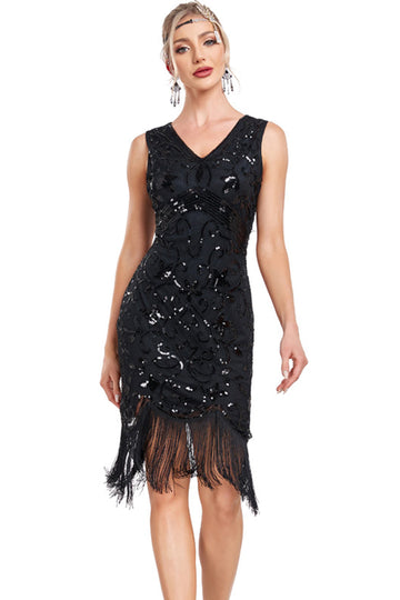 Scintillante nero paillettes V-Neck 1920s Flapper Dress con frange